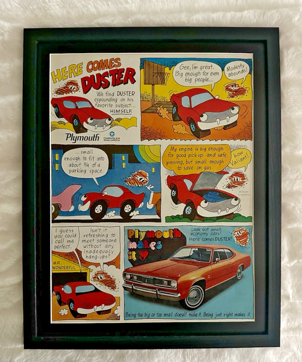 Framed 1969 Vintage Print Ad Plymouth Duster Comic Strip Style